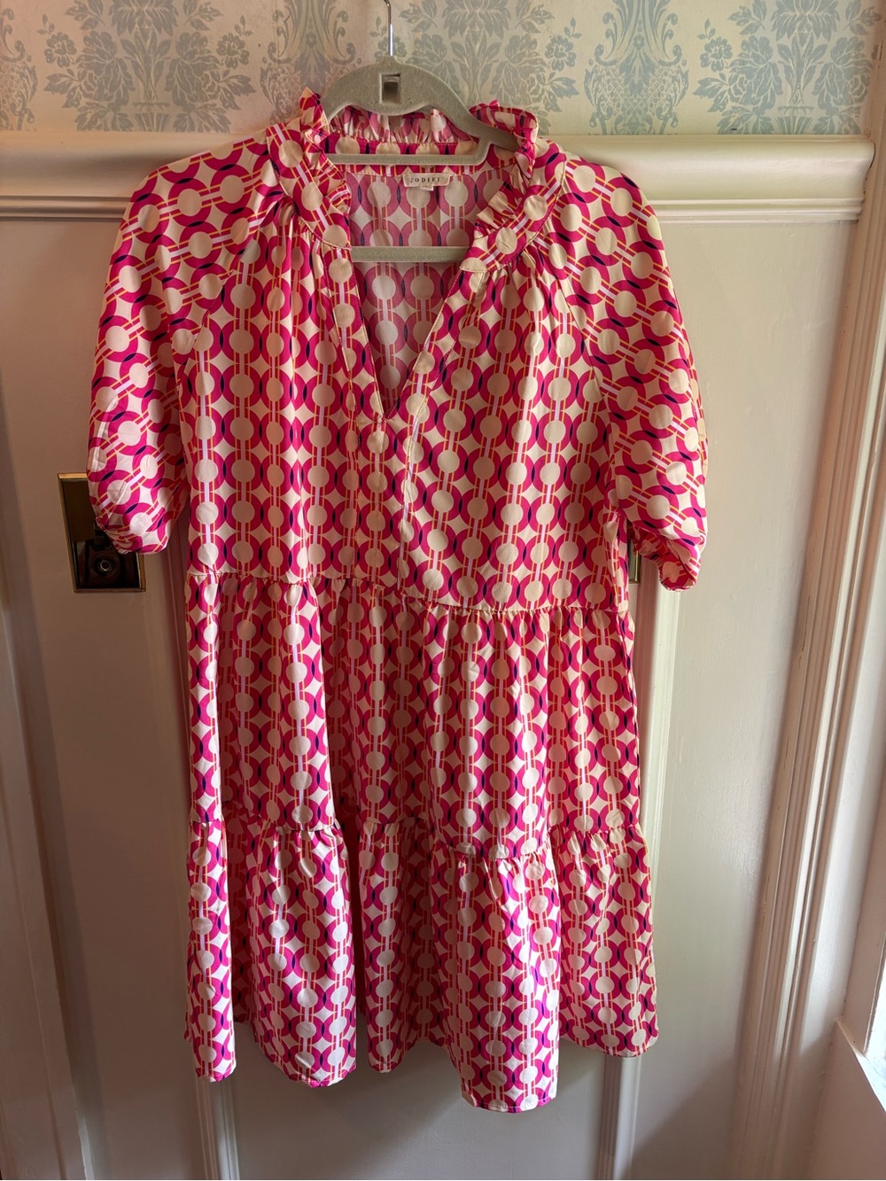 JODIFL Pink and Cream Geometric Tiered Dress